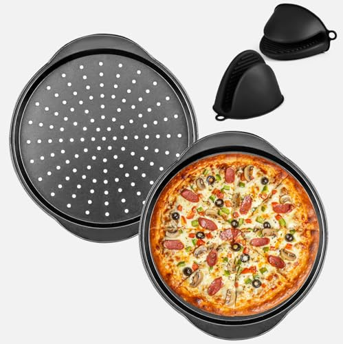 BEZHGOC 2PCS Pizza Tray, Non-Stick 13 Round Pizza Pan with Holes and Handle Carbon Steel Round Baking Trays Perforated Base Pizza Oven Trays Dishwasher Safe for Cooking, Baking (Grey)