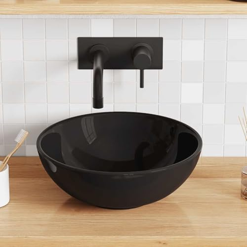 Mokuyary Waschbecken Schwarz Glänzend Ø28x10 cm Keramik Waschbecken, Handwaschbecken für Gäste WC, Bad, Waschtisch