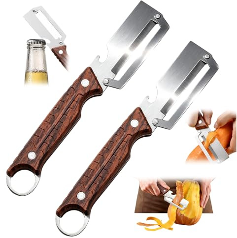 Pelador de Verduras Mango Madera, 2 Piezas Pelador de Patatas Multiusos | Cero Tirones, Abridor de Botellas, Hoja Inox, para Cocina, Verduras, Carne, Frutas