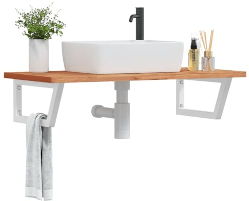 GeenYuu Étagère de Vasque Murale en Acier avec Plateau en Bois Massif de hêtre laqué 100 x 50 cm, Support trapèze Blanc pour Meuble lavabo Salle de Bain, Rangement sous évier