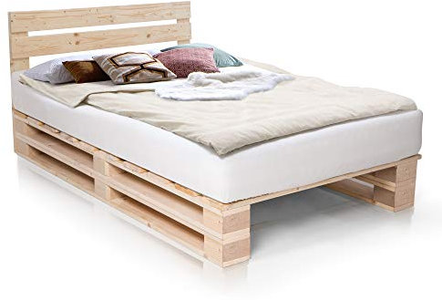 PALETTI Palettenbett inklusive Kopfteil Massivholzbett Holzbett Bett aus Paletten mit 11 Leisten, Palettenmöbel, 120 x 200 cm, Fichte Natur