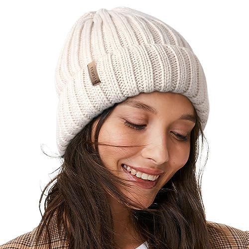 FURTALK Womens Knit Beanie Hüte Double Layer Baumwolle gefüttert Chunky Winter Slouch Style Cap, Beige, Einheitsgröße
