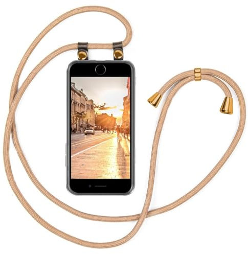 moex Mobile Phone Chain, Compatible with Apple iPhone 7 / iPhone 8 Case with Strap Adjustable Length, Silicone Case, Transparent with Chain in Gold, Removable