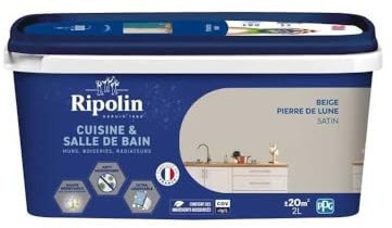 RIPOLIN - Peinture Intérieure Cuisine et Bain– Murs, Boiseries & Radiateurs - Adapté Pièces Humides - Effet Perlant - Lessivable - Haute Résistance - Beige Pierre De Lune - Satin - 2L