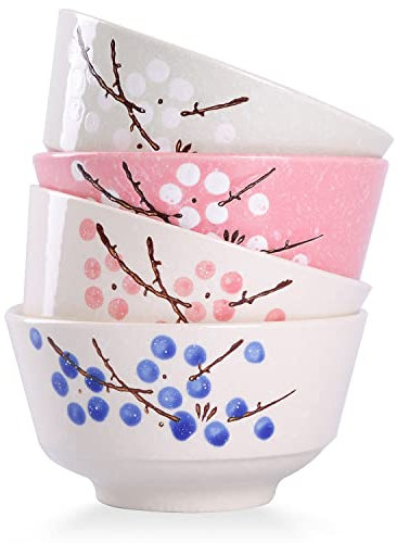 VanEnjoy Lot de 4 bols à riz en céramique de style japonais 4 couleurs assorties Motif fleurs de cerisier parmi les flocons de neige
