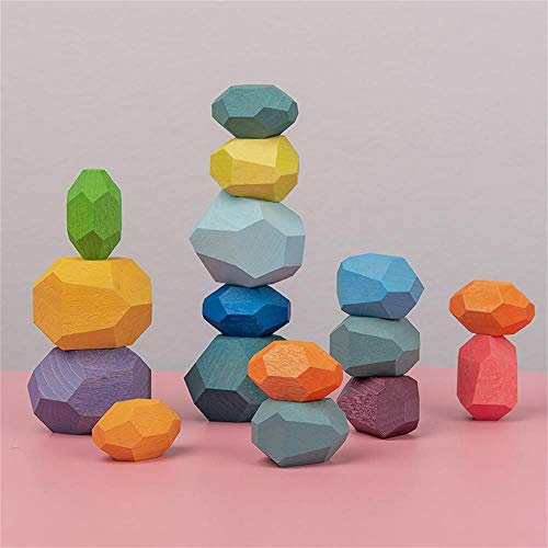 MOMSIV Holz Rock Set, Farbige Holzbausteine, Bunte Natürliche Holzsteinstapelung Regenbogenspiel Spielzeug Pädagogische Ausgleichsblöcke Set für Kinder (16 Stück)
