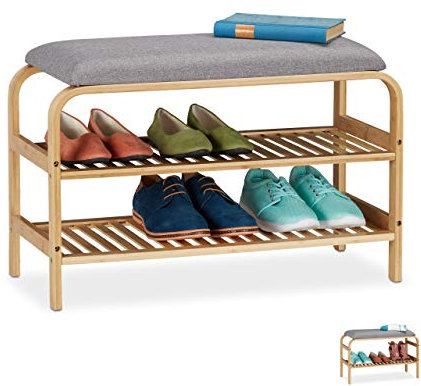 Relaxdays Schuhbank, 6 Paar Schuhe, gepolsterte Sitzfläche, Flur und Garderobe, Schuhaufbewahrung HBT 46x69x30 cm, natur, 1 Stück, 2 Fächer