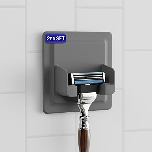 LOBUX® - 2x Rasierhalter Dusche selbstklebend, superfester Halt [Soft-Touch Silikon] – Rasierer Halterung Dusche, wasserdicht – Ordnungssystem für Badezimmer, Spiegel, Dusche, Wand (hellgrau)
