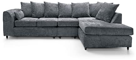 Abakus Direct Harriet Corner Sofa - Dark Grey Crushed Chenille - Large L Shaped Couch Unit for Living Room - Range Includes 2 Seater, 3 Seater, U-Shaped Sofa & Footstool - Corner Plus Right