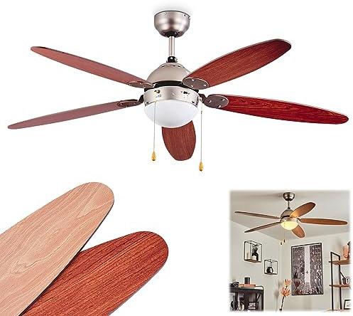 HOFSTEIN Deckenventilator Gyllan, Deckenlampe m. Ventilator, Metall/Holz in Nickel-matt/Weiß/Braun, wendbaren Rotorblättern (Ø120cm) Auf-/Abwind, 3 Geschwindigkeiten, E14, Zugschnur/Schalter