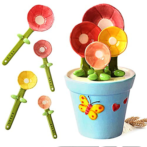 Sirensky Juego de cucharas medidoras de flores en maceta, bonitas cucharas medidoras de cerámica con base, cucharas pequeñas de porcelana con soporte para el hogar y la cocina (forma de flor)