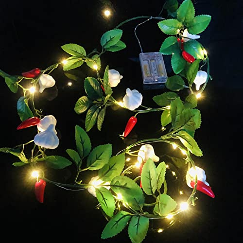 Riaxuebiy Artificial Garlic Chilli Vine Plant Garland String Lights 2 Meter 20 LED Hanging Red Pepper Vine Fairy Lights for Wedding Party Home Garden Festival Décor (A-Chilli Garlic Light, 2)