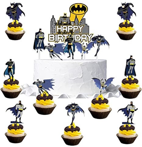 Superhero Batman Cake Toppers, 15Pcs Happy Birthday Decorations for Boys, Girls, Kids - Cupcake Toppers for Superhero Party Supplies