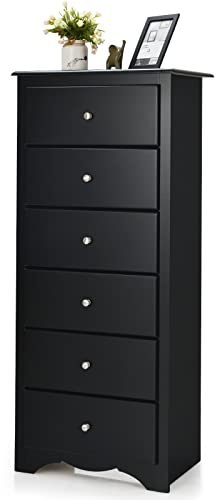 CASART Chest of Drawers, 6 Drawers Wooden Storage Cabinet with Metal Handles, Modern Utility Tall Dresser Chest Floor Sideboard for Bedroom Living Room Hallway (Black)