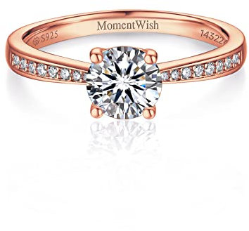 MomentWish Verlobungsring Damen, 1 Karat Moissanit Diamant Ring Damen, VVS1 D Farbe Rose 925 Sterling Silber, Verlobung Hochzeit Geschenk Ring für Frauen-Größe52