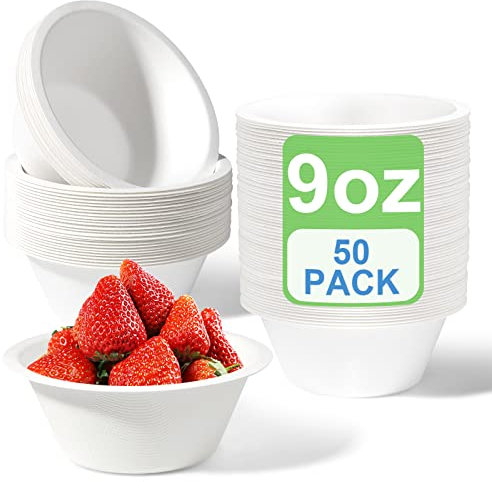 GREENESAGE 50 Pack Paper Bowls Disposable Bowls 9oz - Eco-Friendly, Sugarcane Strong White Bowls Compostable Soup Bowls for Hot Food Party BBQ Picnic