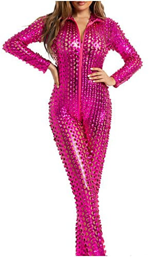 KBOPLEMQ Damen Wetlook Lack Leder Hose Einteilige Unterwäsche Sexy Dessous Top Hot Pants Clubwear Latex Catsuit Overall Jumpsuit Reißverschluss Nachtwäsche Einteiler Hosenanzug
