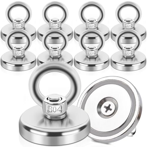 Magnete Stark, 45KG Neodym Magnete Extra Stark Magnetfischen, 10Stück Stark Neodym Ösenmagnet Magnethaken, Neodymium Magnet mit Senkloch-Augenschraube für Teichbergung, Kreuzfahrt, Schatzsuche,32mm
