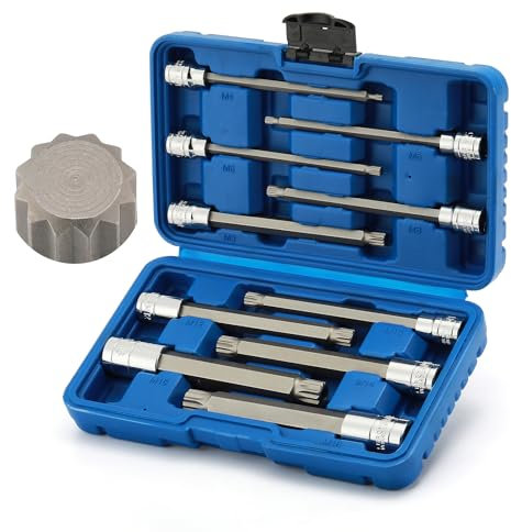 Mayouko 10-Piece 6 Extra Long XZN Triple Square Spline Bit Socket Set, 4mm to 18mm, 3/8” & 1/2” Drive
