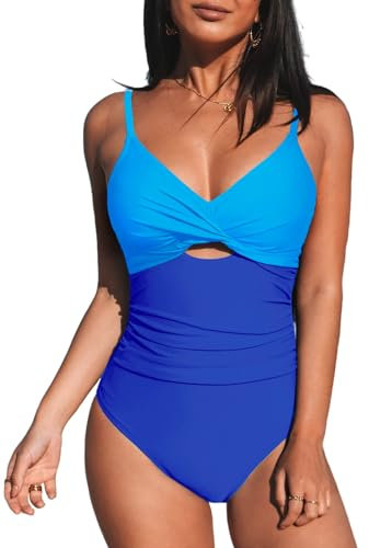 CUPSHE Damen Badeanzug V Ausschnitt Twist Front Bauchweg Raffungen Zierausschnitten Colorblock Einteilige Bademode Swimsuit Blauer Farbblock M
