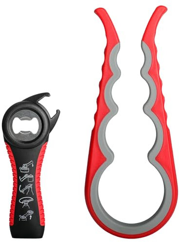 Apri barattoli 5 in 1, kit apri bottiglie 4 in 1, apri barattoli multifunzione per anziani, persone affette da artrite e bambini (rosso e nero)