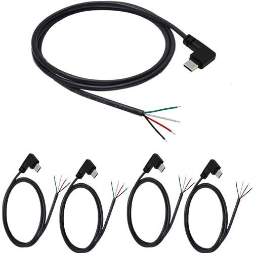 RUNCCI-YUN 5PCS Queue de cochon USB Type-C, Angle droit de 90 degrés 28AWG 5V 3A prise USB-C vers fil nu à 4 broches,USB type C Câble d'alimentation et de données, prise USB C à souder (100cm)