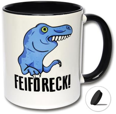 CRP Lustige Tasse mit T-Rex FEIFDRECK! Kaffeetasse mit Deckel, Kaffeebecher, Spruchtasse mit Dino (B: Schwarz-Weiße Tasse inkl. schwarzem Tassendeckel), L0718