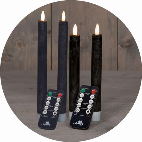 Sparset Stabkerzen LED mit Timer Klein+Groß SCHWARZ 4 Stück indoor - 6 Stunden - ECHTWACHS 18cm+23cm Höhe für Kerzen 2,2cm Durchmesser 2 AAA Batterien notwendig LED Stabkerzen flackernde Flamme
