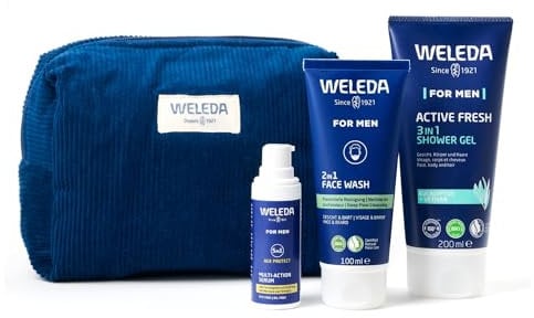 WELEDA - TROUSSE SOINS HYGIENE HOMME : Gel nettoyant visage 2en1-100 ml + Sérum Multiaction 5en1-30 ml + Gel Douche 3in1 Active Fresh - NATRUE* - Vegan*** - 100+30+200 ml