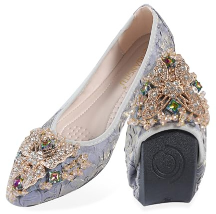 YOUNIFIZ Women Foldable Ballet Flats, Pointed Toe Wedding Rhinestone Slip on Flat Shoes (Butterfly Ruched Blue,Size 9)