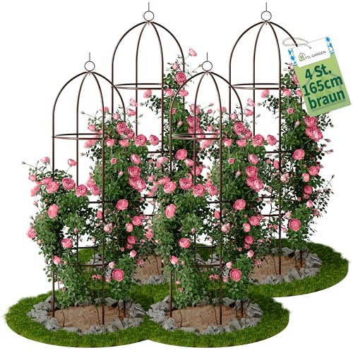 TTL Garden Obelisk Rankhilfe L 165x40cm braun 4er Set - Rosen Rankgitter Metall rostfrei für Kletterpflanzen Rosen Clematis - pulverbeschichteter Stahl 165 cm hoch 40cm Ø Rankturm Tomaten Gurken
