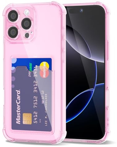 Svanove for iPhone 16 Pro Max Case Wallet Clear, Card Holder Case with Credit Card Slot, Thin Slim Transparent Silicone Grip Soft Rubber Protective Shockproof Airbag Bumper for Women, Light Pink
