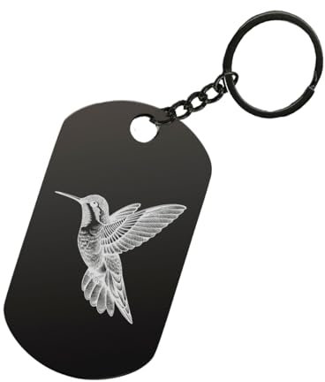 Schlüsselanhänger mit Kolibri-Motiv, Lasergravur, Retro-Stil, Stahl, Schwarz