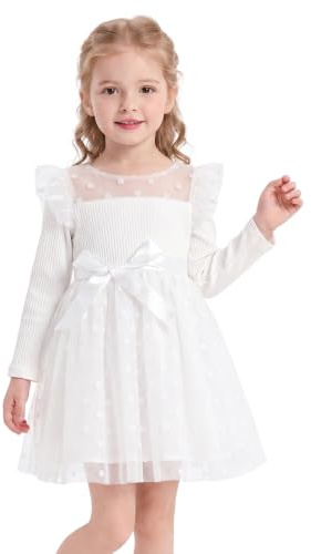 Miipat Fille Robe Tulle Manches Longues Robes Petite Filles Princesse Enfants Jupe à Points de Polka pour Fête Anniversaire Festival de Mariage