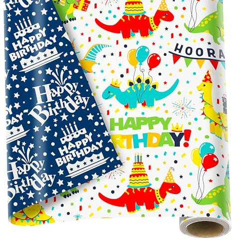 MotiGiftie Wendbares Geschenkpapier mit Dinosaurier-Motiv für Jungen und Mädchen, bunte Dinosaurier, Happy Birthday und Kuchen-Design, Geschenkpapier für Geburtstagsparty, Babyparty, Urlaub