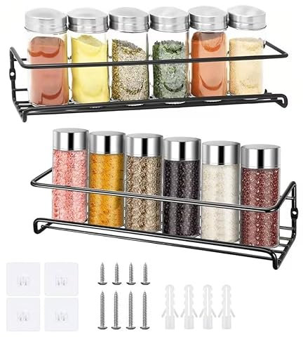 Fhioevt Set di 2 Mensole per Spezie da Parete Porta Spezie da Cucina Acciaio Inossidabile con Ganci Autoadesivi e Viti Portaspezie, Porta Spezie per Cucina da Parete per Cucina Bagno (Nero)