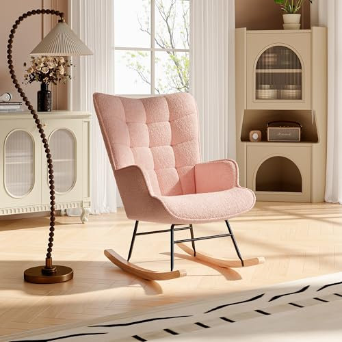 WOBOPCG Chaise à Bascule,Fauteuil à Bascule Bois Rocking Chair Exterieur Fauteuil Relaxant Chaise Bascule Salon Convient à La Chambre à Coucher au Salon et Extérieur (Rose, Polaire Teddy)
