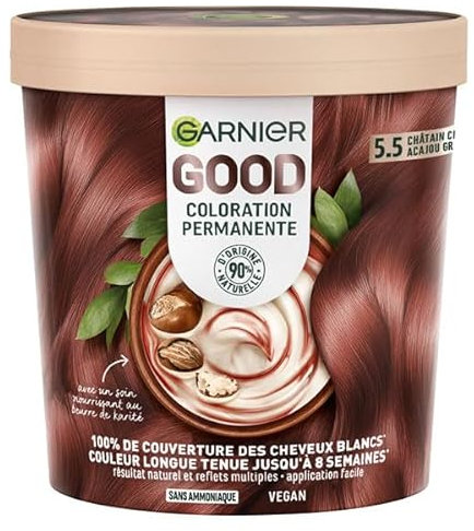 Garnier - Tinte permanente para el cabello – Sin amoniaco – 90% ingredientes naturales – Manteca de karité – 100% cobertura para cabello blanco – GOOD caoba marrón claro Griotte 5,5