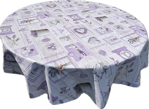 1KDreams Tovaglia Plastificata Rotonda - Antimacchia - Design Shabby Chic Lilla e Bianco - Lavanda - Copritavolo Cerato - Made in Italy (Shabby Chic Rosa, Ø160 cm)