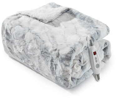 LinTimes Luxus Heizdecke mit Abschaltautomatik, Elektrische Wärmedecke mit 6 Heizstufen &10 Stunden Timer, PV-Samt & Sherpa-Fleece doppelseitige, waschbar, 180 x 130cm Marmorweiß