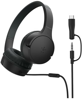 Belkin SoundForm Mini Kids Wired Headphones with USB-C to 3.5mm Dongle, Built-in Mic & Fun Stickers, 85dB Max Volume – for Online Learning, Travel, Compatible with iPhone, iPad, Galaxy, etc - Black