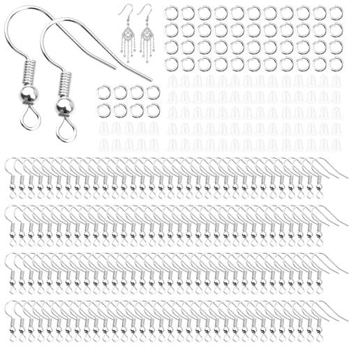 ​​600 Stück Ohrringe Selber Machen Set, Ohrhaken mit Silikon Ohrring Stopper, Ohrring Haken, Ohrringe Basteln Zubehör, für DIY Ohrhänger Schmuckherstellung (Silber)​​