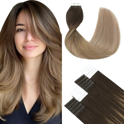 SURNEL Tape in Echthaar Dunkelbraun bis Mittelbraun Mischung Aschblond Tape Extensions Echthaar 16zoll/40cm 50g/20pcs(#2/6/18-40cm)