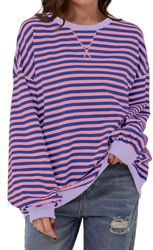 DUOEASE Pullover Damen Streifen Oversize Pullover Langarm Herbst Rundhals Sweatshirt Y2K Oberteile