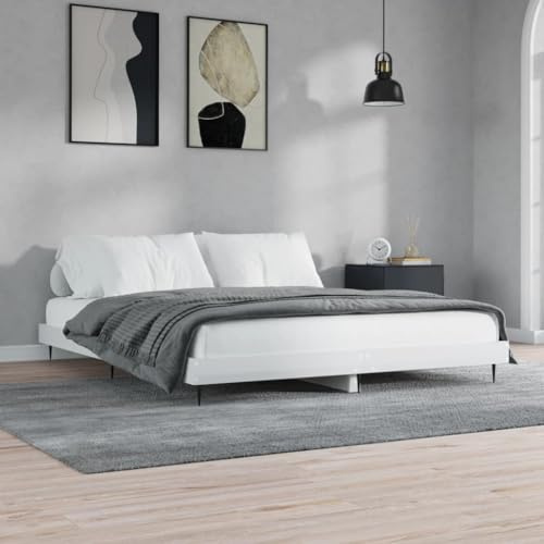 QJBSAVVA Bettgestell 160x200 cm Hochglanz-Weiß Holzwerkstoff mit Metallbeinen Modernes Design Robust und Stabil für Schlafzimmer Gästezimmer Jugendzimmer