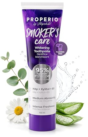 PROPERIO SMOKER’S care aufhellende Zahnpasta ohne Fluorid, Hydroxylapatit Zahnpasta mit Xylitol, Panthenol und Glukoseoxidase zur Reduzierung oberflächlicher Rauchverfärbungen, für Raucher, 100 ml