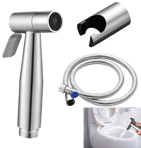 Stainless Steel Toilet Bidet Sprayer Set,Jet Spray for Toilet,Hand Held Douche Spray with 1.5m Hose, Valve Adapter & Wall Mounted Sprayer Holder for Personal Hygiene and Cleaning