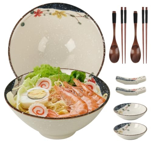 GEEKHOM Lot de 10 bols à ramen japonais en céramique de 1200 ml - Grand bol traditionnel - Passe au micro-ondes et au lave-vaisselle - Pour pâtes, soupe, pho, salade