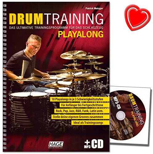 Drum Training Playalong - Das ultimative Trainingsprogramm für das Schlagzeug von Patrick Metzger - mit CD und bunter herzförmiger Notenklammer
