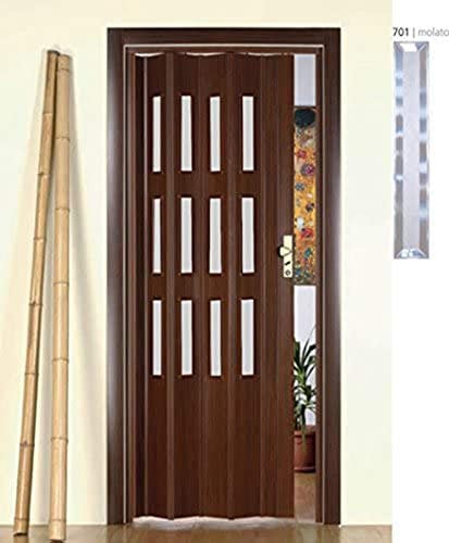 Forte Porta a Soffietto Giulia in PVC, Resistente agli urti, Riducibile, Elevata stabilità, Kit completo, L88,5 x H214, Effetto Noce Mansonia con vetro molato neutro